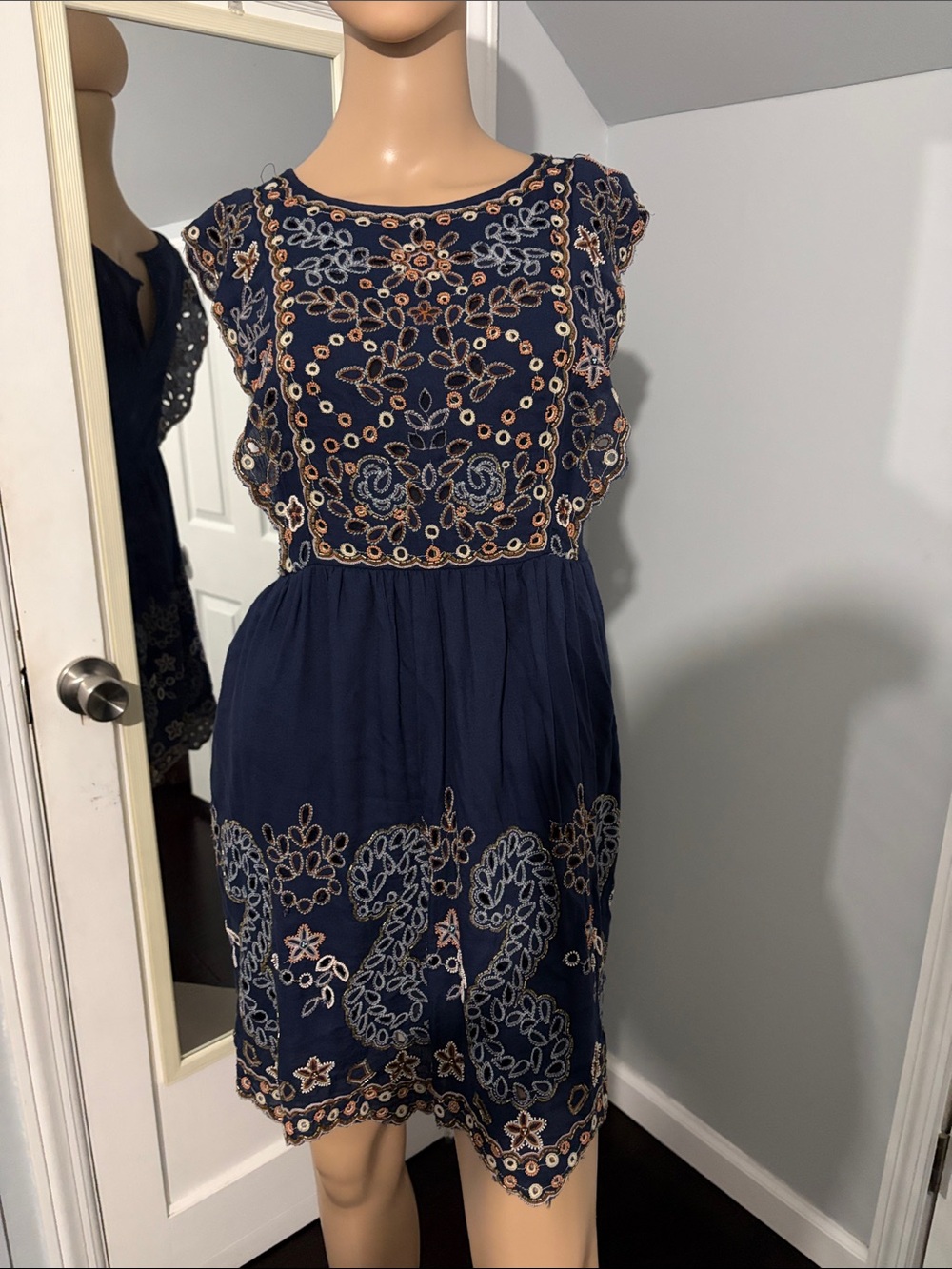 Navy Embroidered Flutter-Sleeve Women’s Dress